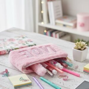 Pink Furry Makeup Pouch with LOVE Sequin Design.