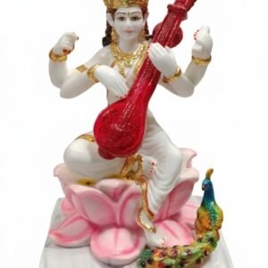 Hand-Painted Goddess Saraswati Idol on Lotus Base