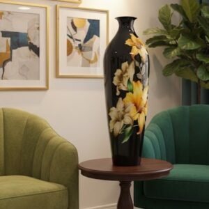Hand-Painted Grand Ebony Metal Vase – Floral Series