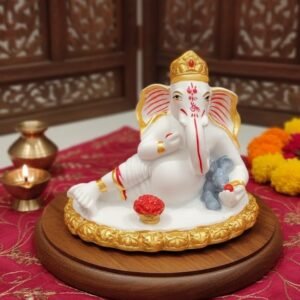 Divine Reclining Ganesha Idol – White & Gold Finish