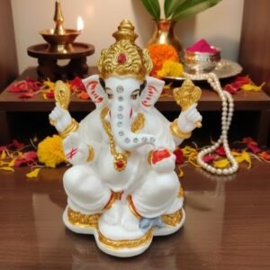 Divine Blessings Ganesha Idol – White & Gold Finish