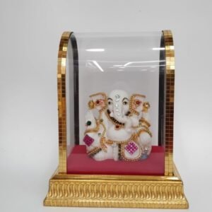 Divine White Marble-Finish Ganesha in Ornate Glass Dome