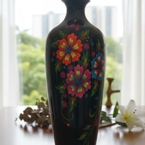 Exquisite Hand-Painted Black Gloss Metal Floor Vase