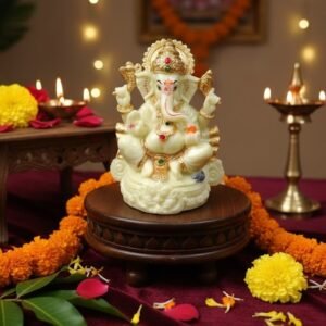 Divine Lord Ganesha Idol – Glistening Ivory & Gold Finish