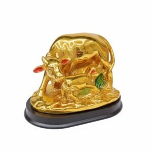 Divine Kamadhenu Cow and Calf Figurine – Golden Gloss Finish on Wooden Base