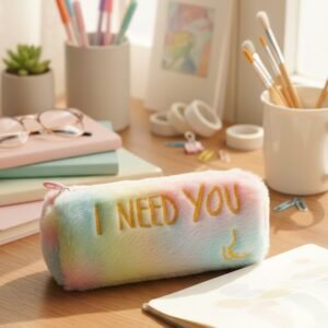 rainbow faux fur pencil pouch