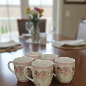 Elegant Floral & Gingham Ceramic Mug Set (Set of 6)
