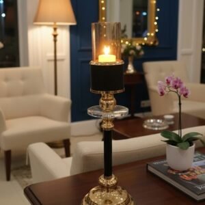 Elegant Gold & Black Crystal Pillar Candle Holder