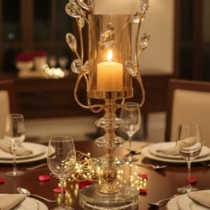 Crystal-Adorned Gold Hurricane Candle Holder