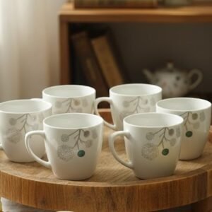 Royale Elegance Floral Bone China Tea Cup Set – Set of 6 (White & Silver)