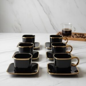 Noir Luxe Gold-Trimmed Ceramic Cup & Saucer Set